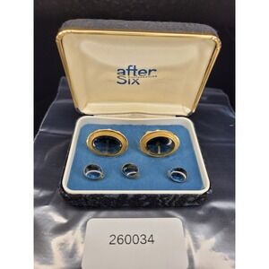 After Six Cufflinks Shirt Stud Set Gold Tone Blue Cabochon Formal Wear Boxed